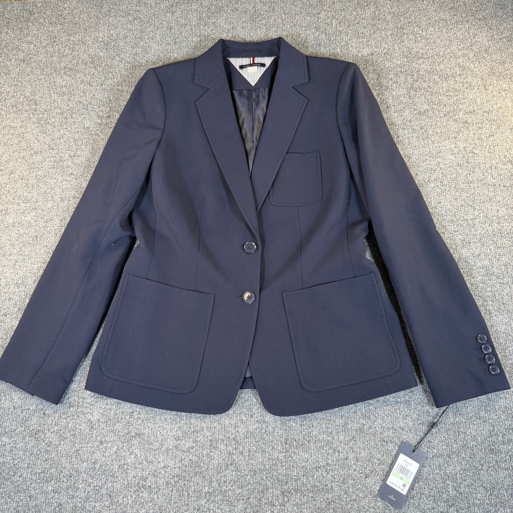 Tommy Hilfiger Womens Navy Blue Two Button Stretch Blazer Jacket Size 8 NWT 2895
